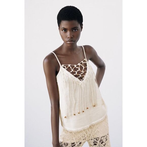 NWT Zara Beaded Macrame Knot & Fringe Cotton V-Neck Top in Ecru, Size XS - Picture 3 of 15